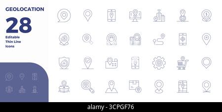 A clean collection of 28 Thin Line vector icons representing Geolocation, designed in 128x128 PIXEL perfect format for modern dashboards and interface Stock Vector