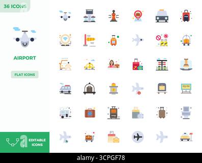 Beautifully rendered 36 Flat Color PIXEL perfect vector icons for Airport, created at 128x128 resolution for stunning visual consistency across platfo Stock Vector