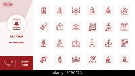 Thoughtfully designed 24 vector icons themed around Startup, crafted in Bold Line with 128x128 PIXEL perfect precision for contemporary design needs. Stock Vector