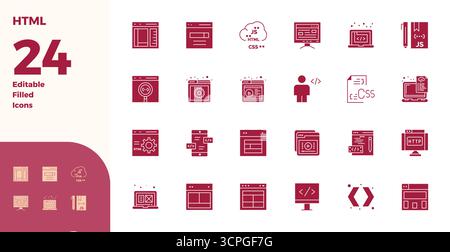 Precision-engineered 24 Glyph Filled vector icons for Html, designed at 128x128 PIXEL perfect resolution for exceptional clarity and scalability. Stock Vector