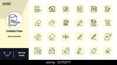 Essential pack of 24 PIXEL perfect vector icons for Correction in Bold Line format, sized at 128x128 for optimal performance and scalability. Stock Vector