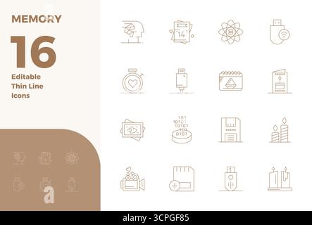 Explore 16 Thin Line PIXEL perfect vector icons in 128x128 resolution inspired by Memory. Perfect for web and app interfaces. Stock Vector