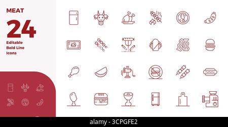 Exceptional collection of 24 Bold Line vector icons for Meat, delivered in 128x128 PIXEL perfect resolution for unparalleled visual excellence and usa Stock Vector