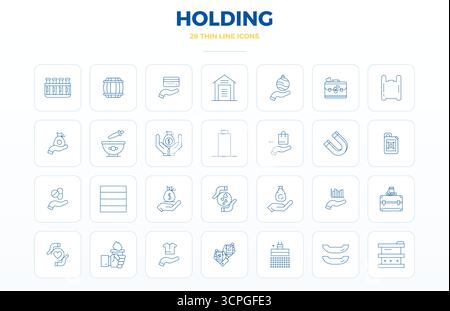 Essential pack of 28 PIXEL perfect vector icons for Holding in Thin Outline format, sized at 128x128 for optimal performance and scalability. Stock Vector