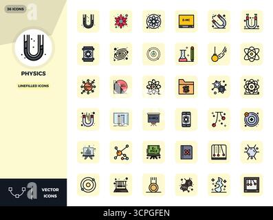 Thoughtfully designed 36 vector icons themed around Physics, crafted in LineFilled with 128x128 PIXEL perfect precision for contemporary design needs. Stock Vector