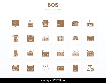 Thoughtfully designed 24 vector icons themed around 80S, crafted in SolidFill with 128x128 PIXEL perfect precision for contemporary design needs. Stock Vector
