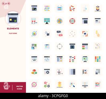 Comprehensive toolkit of 42 vector icons themed around Elements, developed in Flat with 128x128 PIXEL perfect precision for versatile design applicati Stock Vector