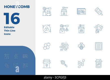 This collection features 16 Thin Line PIXEL perfect vector icons tailored to the Honeycomb theme, optimized in 128x128 format for digital design. Stock Vector