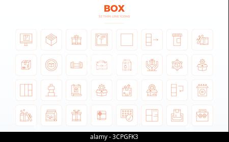 Collection of 32 Thin Outline PIXEL perfect vector icons for Box, designed in 128x128 format for clarity and versatility. Stock Vector