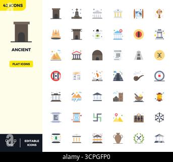 This Ancient vector icon pack includes 42 Flat Color designs in 128x128 PIXEL perfect format, perfect for enhancing digital interfaces. Stock Vector