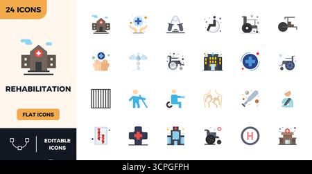 Revolutionary set of 24 PIXEL perfect vector icons inspired by Rehabilitation, created in Flat Color format at 128x128 resolution for cutting-edge des Stock Vector
