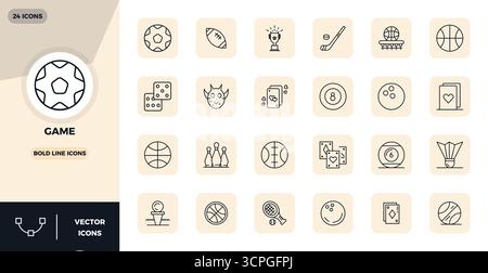 This Game Icon vector icon pack includes 24 Bold Line designs in 128x128 PIXEL perfect format, perfect for enhancing digital interfaces. Stock Vector