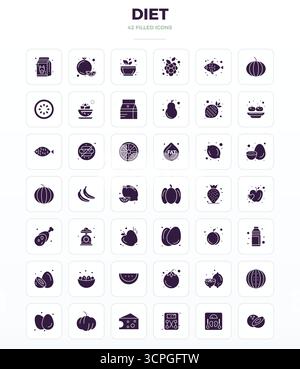 Strategic bundle featuring 42 vector icons representing Diet in SolidFill format, optimized with 128x128 PIXEL perfect quality for professional workfl Stock Vector