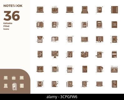 This Notebook vector icon pack includes 36 Glyph Filled designs in 128x128 PIXEL perfect format, perfect for enhancing digital interfaces. Stock Vector