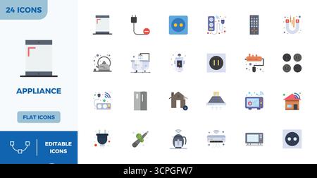 Complete package of 24 vector icons themed around Appliance, showcasing Flat Color design in 128x128 PIXEL perfect quality for modern interfaces. Stock Vector