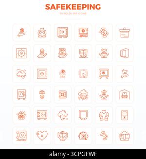 Streamlined set of 36 vector icons for Safekeeping in Strong Outline aesthetic, featuring 128x128 PIXEL perfect resolution for seamless user experienc Stock Vector