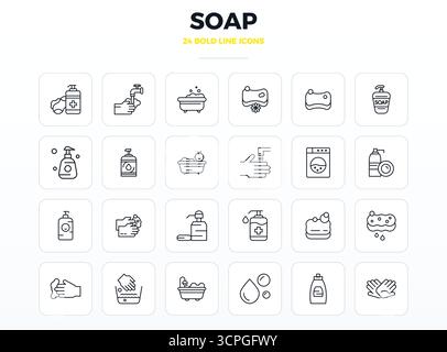 Strategic bundle featuring 24 vector icons representing Soap in Strong Outline format, optimized with 128x128 PIXEL perfect quality for professional w Stock Vector