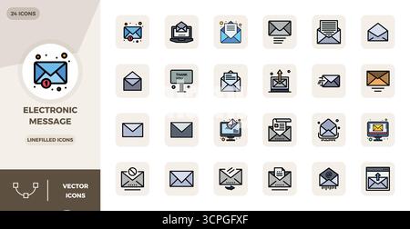 Set of 24 LineFilled PIXEL perfect vector icons themed around Electronic Message, crafted in 128x128 resolution for seamless integration in apps and w Stock Vector