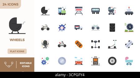 Expertly designed 24 Flat Color PIXEL perfect vector icons for Wheels, engineered at 128x128 resolution for flawless integration and performance. Stock Vector