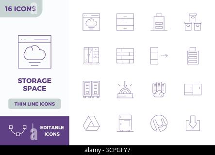 Set of 16 Minimal Line PIXEL perfect vector icons themed around Storage Space, crafted in 128x128 resolution for seamless integration in apps and webs Stock Vector
