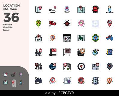Sophisticated bundle of 36 Duotone vector icons for Location Marker, engineered with 128x128 PIXEL perfect clarity for professional applications. Stock Vector