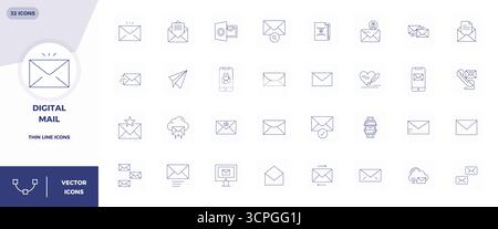 Precision-engineered 32 Thin Line vector icons for Digital Mail, designed at 128x128 PIXEL perfect resolution for exceptional clarity and scalability. Stock Vector