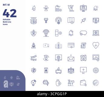 Download 42 scalable Bold Line vector icons designed for New, featuring PIXEL perfect 128x128 resolution suitable for professional and creative projec Stock Vector