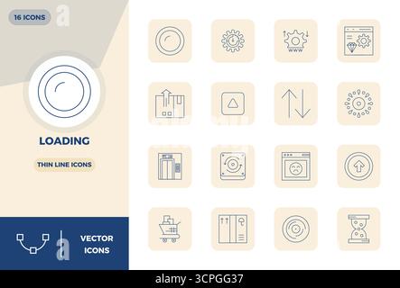Revolutionary set of 16 PIXEL perfect vector icons inspired by Loading, created in Thin Line format at 128x128 resolution for cutting-edge design. Stock Vector