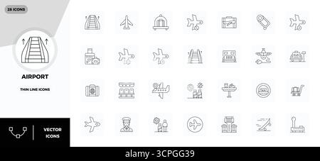 Professional-grade collection of 28 Thin Line vector icons representing Airport, crafted with 128x128 PIXEL perfect precision for enterprise applicati Stock Vector