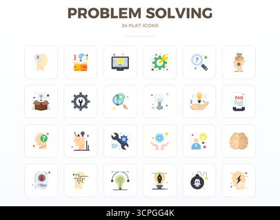This set of 24 Minimal Flat vector icons captures Problem Solving themes in 128x128 PIXEL perfect quality, perfect for tech and business applications. Stock Vector