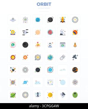 This set of 42 Minimal Flat vector icons captures Orbit themes in 128x128 PIXEL perfect quality, perfect for tech and business applications. Stock Vector