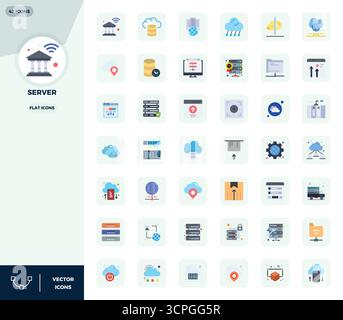 Collection of 42 Flat PIXEL perfect vector icons for Server, designed in 128x128 format for clarity and versatility. Stock Vector