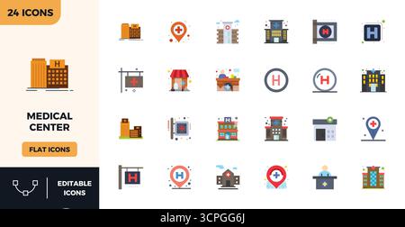 Complete package of 24 vector icons themed around Medical Center, showcasing Flat Color design in 128x128 PIXEL perfect quality for modern interfaces. Stock Vector