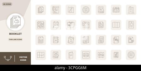 Precision-engineered 28 Thin Line vector icons for Booklet, designed at 128x128 PIXEL perfect resolution for exceptional clarity and scalability. Stock Vector