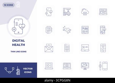 Refined bundle featuring 16 Thin Line vector icons for Digital Health, optimized with 128x128 PIXEL perfect quality for elegant and functional design Stock Vector