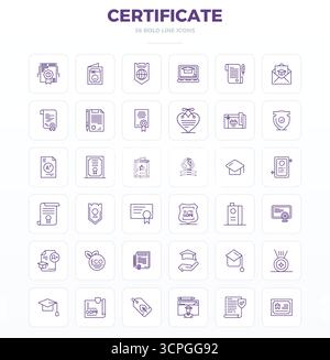Beautifully rendered 36 Strong Outline PIXEL perfect vector icons for Certificate, created at 128x128 resolution for stunning visual consistency acros Stock Vector