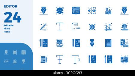 Meticulously crafted 24 Glyph Filled vector icons for Editor, delivered in 128x128 PIXEL perfect quality for uncompromising design standards. Stock Vector
