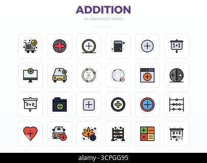 Essential pack of 24 PIXEL perfect vector icons for Addition in LineFill format, sized at 128x128 for optimal performance and scalability. Stock Vector