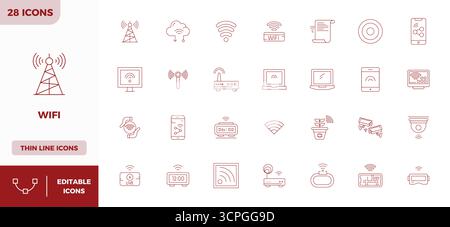 Masterfully created 28 vector icons representing Wifi in Minimal Line design, featuring 128x128 PIXEL perfect resolution for exceptional visual qualit Stock Vector