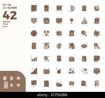 Expertly designed 42 Glyph Filled PIXEL perfect vector icons for Data Analysis, engineered at 128x128 resolution for flawless integration and performa Stock Vector