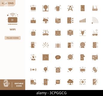 Comprehensive toolkit of 42 vector icons themed around Wifi, developed in Filled with 128x128 PIXEL perfect precision for versatile design application Stock Vector