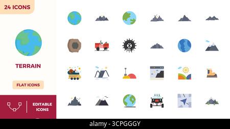 Download 24 scalable Flat Color vector icons designed for Terrain, featuring PIXEL perfect 128x128 resolution suitable for professional and creative p Stock Vector