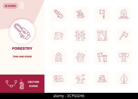 Thoughtfully designed 16 vector icons themed around Forestry, crafted in Thin Line with 128x128 PIXEL perfect precision for contemporary design needs. Stock Vector