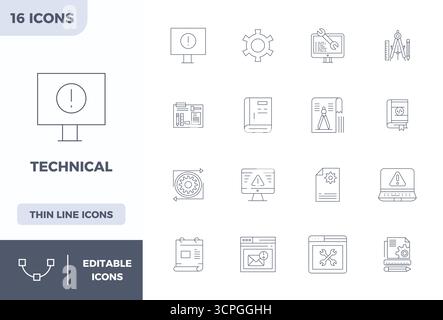 Meticulously crafted 16 Minimal Line vector icons for Technical, delivered in 128x128 PIXEL perfect quality for uncompromising design standards. Stock Vector