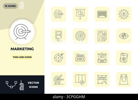 Premium collection of 16 Thin Line vector icons for Marketing, meticulously crafted in 128x128 PIXEL perfect resolution for superior visual impact. Stock Vector