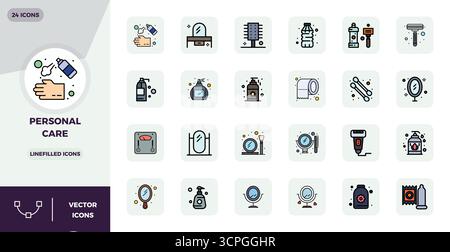 Carefully curated 24 LineFilled vector icons for Personal Care, featuring 128x128 PIXEL perfect resolution for consistent brand representation and use Stock Vector