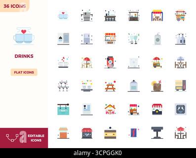 Download 36 scalable Flat Color vector icons designed for Drinks, featuring PIXEL perfect 128x128 resolution suitable for professional and creative pr Stock Vector