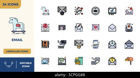 State-of-the-art bundle featuring 24 PIXEL perfect vector icons inspired by EMail, created in Flat Lineal Color format at 128x128 for next-generation Stock Vector
