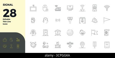 A clean collection of 28 Thin Line vector icons representing Signal, designed in 128x128 PIXEL perfect format for modern dashboards and interfaces. Stock Vector