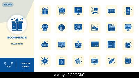 Perfectly balanced 24 Filled PIXEL perfect vector icons for Ecommerce, sized at 128x128 for harmonious integration in digital design projects. Stock Vector